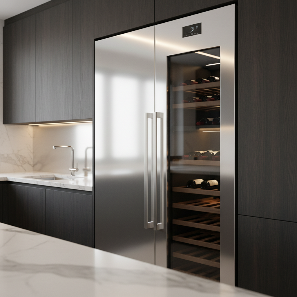 High-end Thermador refrigerator and wine cooler in a luxury kitchen