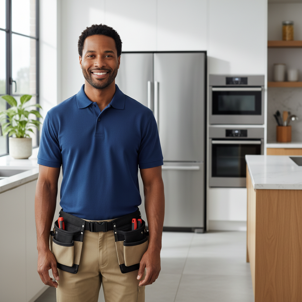Smiling appliance repair technician in a modern Corona kitchen