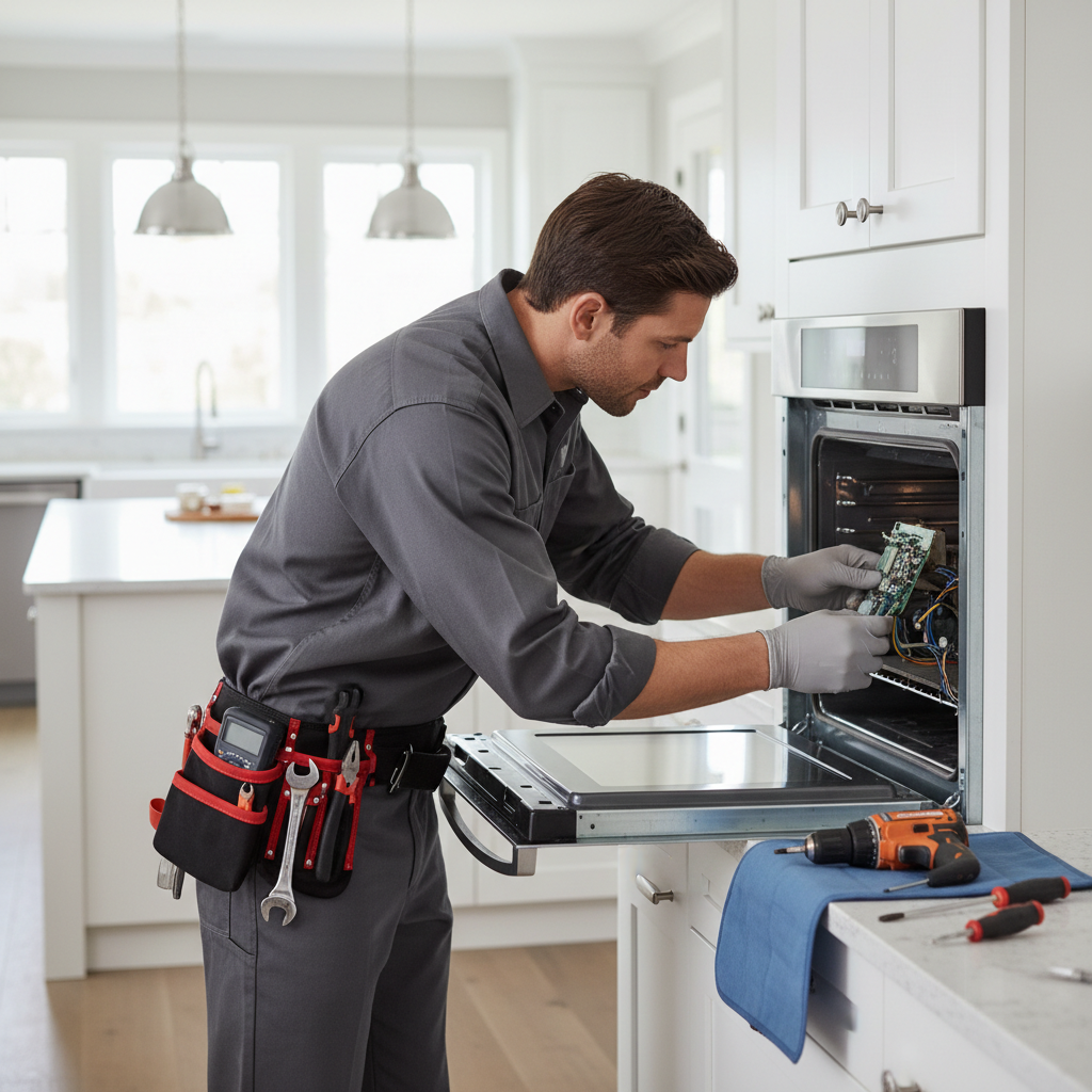 Technician repairing a built-in oven in a bright modern kitchen